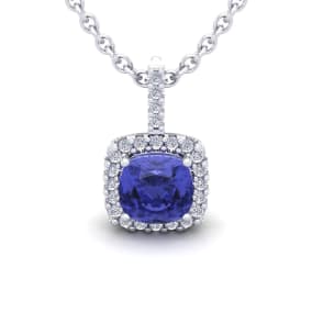 3 Carat Cushion Cut Tanzanite and Halo Diamond Necklace In 14 Karat White Gold, 18 Inches