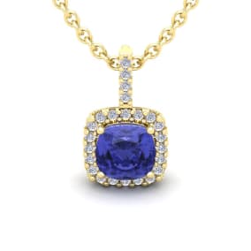 3 Carat Cushion Cut Tanzanite and Halo Diamond Necklace In 14 Karat Yellow Gold, 18 Inches