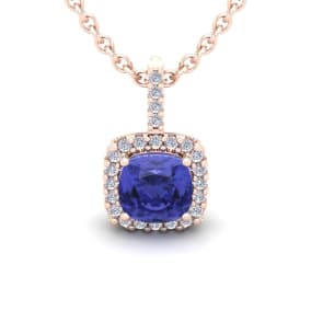 3 Carat Cushion Cut Tanzanite and Halo Diamond Necklace In 14 Karat Rose Gold, 18 Inches