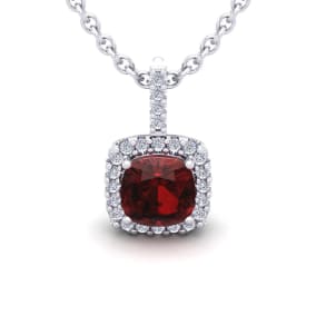3 1/2 Carat Cushion Cut Garnet and Halo Diamond Necklace In 14 Karat White Gold, 18 Inches