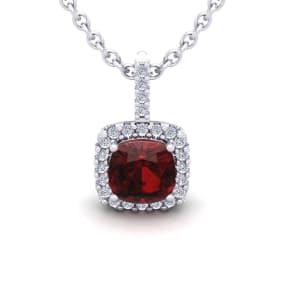 Garnet Necklace: Garnet Jewelry: 3 1/2 Carat Cushion Cut Garnet and Halo Diamond Necklace In 14 Karat White Gold, 18 Inches