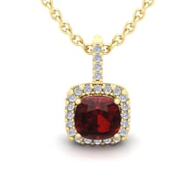 3 1/2 Carat Cushion Cut Garnet and Halo Diamond Necklace In 14 Karat Yellow Gold, 18 Inches