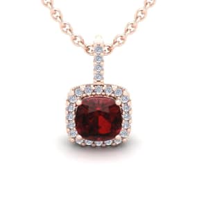 Garnet Necklace: Garnet Jewelry: 3 1/2 Carat Cushion Cut Garnet and Halo Diamond Necklace In 14 Karat Rose Gold, 18 Inches