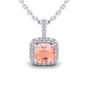 3-1/2 Carat Cushion Shape Morganite with Diamond Halo In 14 Karat White Gold With 18 Inch Chain