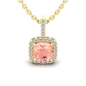 3-1/2 Carat Cushion Shape Morganite with Diamond Halo In 14 Karat Yellow Gold With 18 Inch Chain