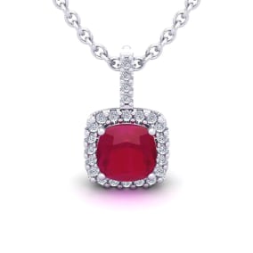 3 1/2 Carat Cushion Cut Ruby and Halo Diamond Necklace In 14 Karat White Gold, 18 Inches