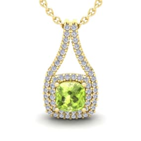 2 Carat Cushion Cut Peridot and Double Halo Diamond Necklace In 14 Karat Yellow Gold, 18 Inches