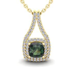 2-1/4 Carat Cushion Shape Mystic Topaz Necklace With Double Diamond Halo In 14 Karat Yellow Gold, 18 Inches