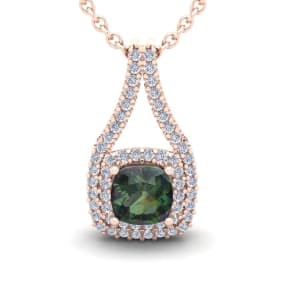 2-1/4 Carat Cushion Shape Mystic Topaz Necklace With Double Diamond Halo In 14 Karat Rose Gold, 18 Inches