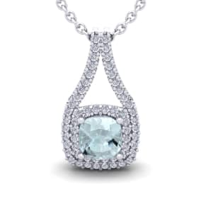 Aquamarine Necklace: Aquamarine Jewelry: 2 1/4 Carat Cushion Cut Aquamarine and Double Halo Diamond Necklace In 14 Karat White Gold, 18 Inches