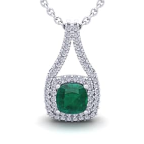 2 Carat Cushion Shape Emerald Necklaces With Double Halo Diamonds In 14 Karat White Gold, 18 Inch Chain