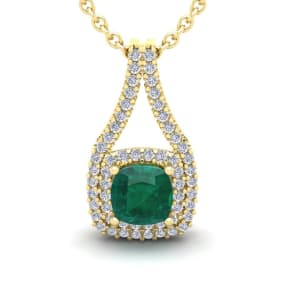 2 Carat Cushion Shape Emerald Necklaces With Double Halo Diamonds In 14 Karat Yellow Gold, 18 Inch Chain