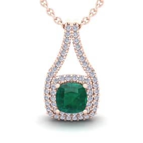 2 Carat Cushion Shape Emerald Necklaces With Double Halo Diamonds In 14 Karat Rose Gold, 18 Inch Chain