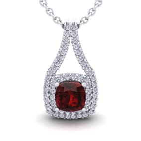 2 Carat Cushion Cut Garnet and Double Halo Diamond Necklace In 14 Karat White Gold, 18 Inches