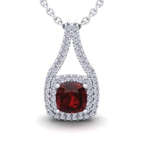 Garnet Necklace: Garnet Jewelry: 2 Carat Cushion Cut Garnet and Double Halo Diamond Necklace In 14 Karat White Gold, 18 Inches