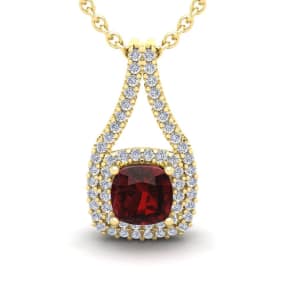 2 Carat Cushion Cut Garnet and Double Halo Diamond Necklace In 14 Karat Yellow Gold, 18 Inches