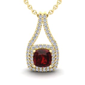 Garnet Necklace: Garnet Jewelry: 2 Carat Cushion Cut Garnet and Double Halo Diamond Necklace In 14 Karat Yellow Gold, 18 Inches