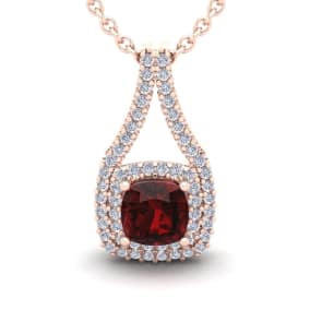 Garnet Necklace: Garnet Jewelry: 2 Carat Cushion Cut Garnet and Double Halo Diamond Necklace In 14 Karat Rose Gold, 18 Inches