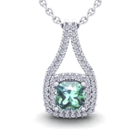 2 Carat Cushion Cut Green Amethyst and Double Halo Diamond Necklace In 14 Karat White Gold, 18 Inches