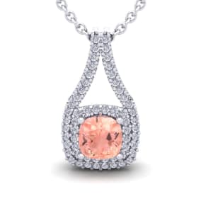 2-1/4 Carat Cushion Shape Morganite Necklace and Double Diamond Halo In 14 Karat White Gold With 18 Inch Chain