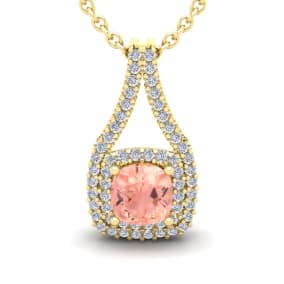 2-1/4 Carat Cushion Shape Morganite Necklace and Double Diamond Halo In 14 Karat Yellow Gold With 18 Inch Chain