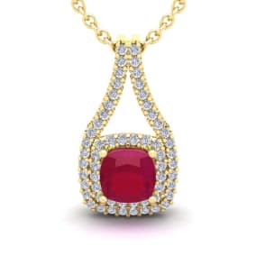 2 1/3 Carat Cushion Cut Ruby and Double Halo Diamond Necklace In 14 Karat Yellow Gold, 18 Inches
