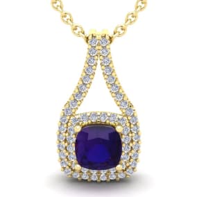 2 3/4 Carat Cushion Cut Amethyst and Double Halo Diamond Necklace In 14 Karat Yellow Gold, 18 Inches