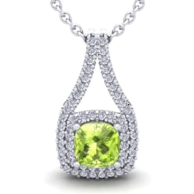 3 1/3 Carat Cushion Cut Peridot and Double Halo Diamond Necklace In 14 Karat White Gold, 18 Inches