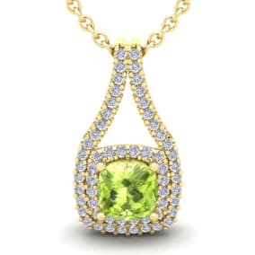 3 1/3 Carat Cushion Cut Peridot and Double Halo Diamond Necklace In 14 Karat Yellow Gold, 18 Inches