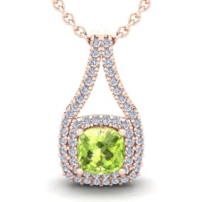 3 1/3 Carat Cushion Cut Peridot and Double Halo Diamond Necklace In 14 Karat Rose Gold, 18 Inches