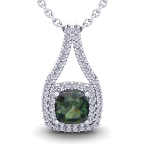 2-3/4 Carat Cushion Shape Mystic Topaz Necklace With Double Diamond Halo In 14 Karat White Gold, 18 Inches