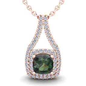 2-3/4 Carat Cushion Shape Mystic Topaz Necklace With Double Diamond Halo In 14 Karat Rose Gold, 18 Inches