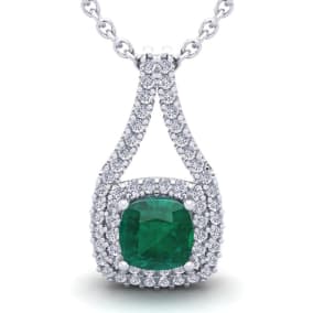 2-3/4 Carat Cushion Shape Emerald Necklaces With Double Halo Diamonds In 14 Karat White Gold, 18 Inch Chain