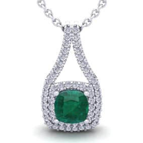 2-3/4 Carat Cushion Shape Emerald Necklaces With Double Halo Diamonds In 14 Karat White Gold, 18 Inch Chain