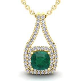 2-3/4 Carat Cushion Shape Emerald Necklaces With Double Halo Diamonds In 14 Karat Yellow Gold, 18 Inch Chain