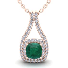 2-3/4 Carat Cushion Shape Emerald Necklaces With Double Halo Diamonds In 14 Karat Rose Gold, 18 Inch Chain