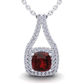4 Carat Cushion Cut Garnet and Double Halo Diamond Necklace In 14 Karat White Gold, 18 Inches