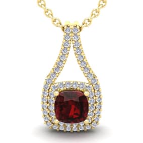 4 Carat Cushion Cut Garnet and Double Halo Diamond Necklace In 14 Karat Yellow Gold, 18 Inches