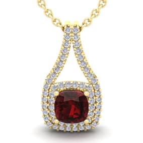 Garnet Necklace: Garnet Jewelry: 4 Carat Cushion Cut Garnet and Double Halo Diamond Necklace In 14 Karat Yellow Gold, 18 Inches