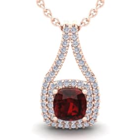 Garnet Necklace: Garnet Jewelry: 4 Carat Cushion Cut Garnet and Double Halo Diamond Necklace In 14 Karat Rose Gold, 18 Inches