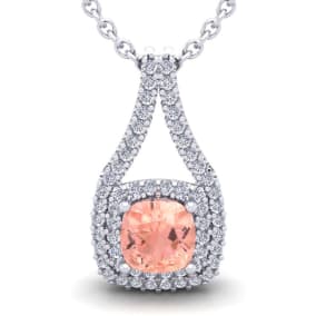 3-3/4 Carat Cushion Shape Morganite Necklace and Double Diamond Halo In 14 Karat White Gold With 18 Inch Chain