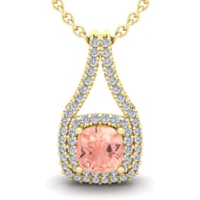 3-3/4 Carat Cushion Shape Morganite Necklace and Double Diamond Halo In 14 Karat Yellow Gold With 18 Inch Chain