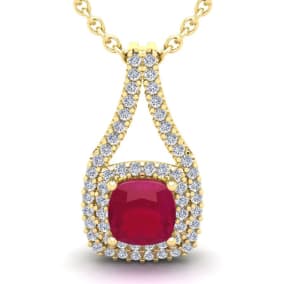 3 3/4 Carat Cushion Cut Ruby and Double Halo Diamond Necklace In 14 Karat Yellow Gold, 18 Inches