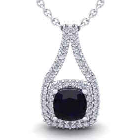 3 3/4 Carat Cushion Cut Sapphire and Double Halo Diamond Necklace In 14 Karat White Gold, 18 Inches