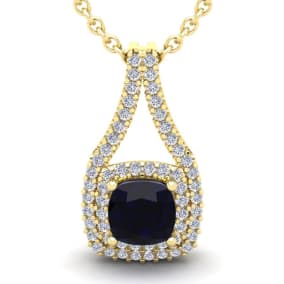 3 3/4 Carat Cushion Cut Sapphire and Double Halo Diamond Necklace In 14 Karat Yellow Gold, 18 Inches