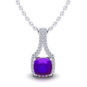 1 Carat Cushion Cut Amethyst and Classic Halo Diamond Necklace In 14 Karat White Gold, 18 Inches