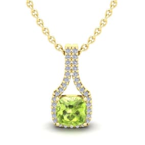 1 1/4 Carat Cushion Cut Peridot and Classic Halo Diamond Necklace In 14 Karat Yellow Gold, 18 Inches