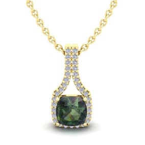 1-1/2 Carat Cushion Shape Mystic Topaz Necklace With Diamond Halo In 14 Karat Yellow Gold, 18 Inches