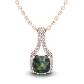 1-1/2 Carat Cushion Shape Mystic Topaz Necklace With Diamond Halo In 14 Karat Rose Gold, 18 Inches