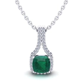 1-1/3 Carat Cushion Shape Emerald Necklaces With Diamond Halo In 14 Karat White Gold, 18 Inch Chain